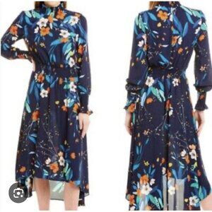 Nanette Lepore Floral smocked Hi Lo Hem Dress HI Neck Ladies Size 10 Colorful